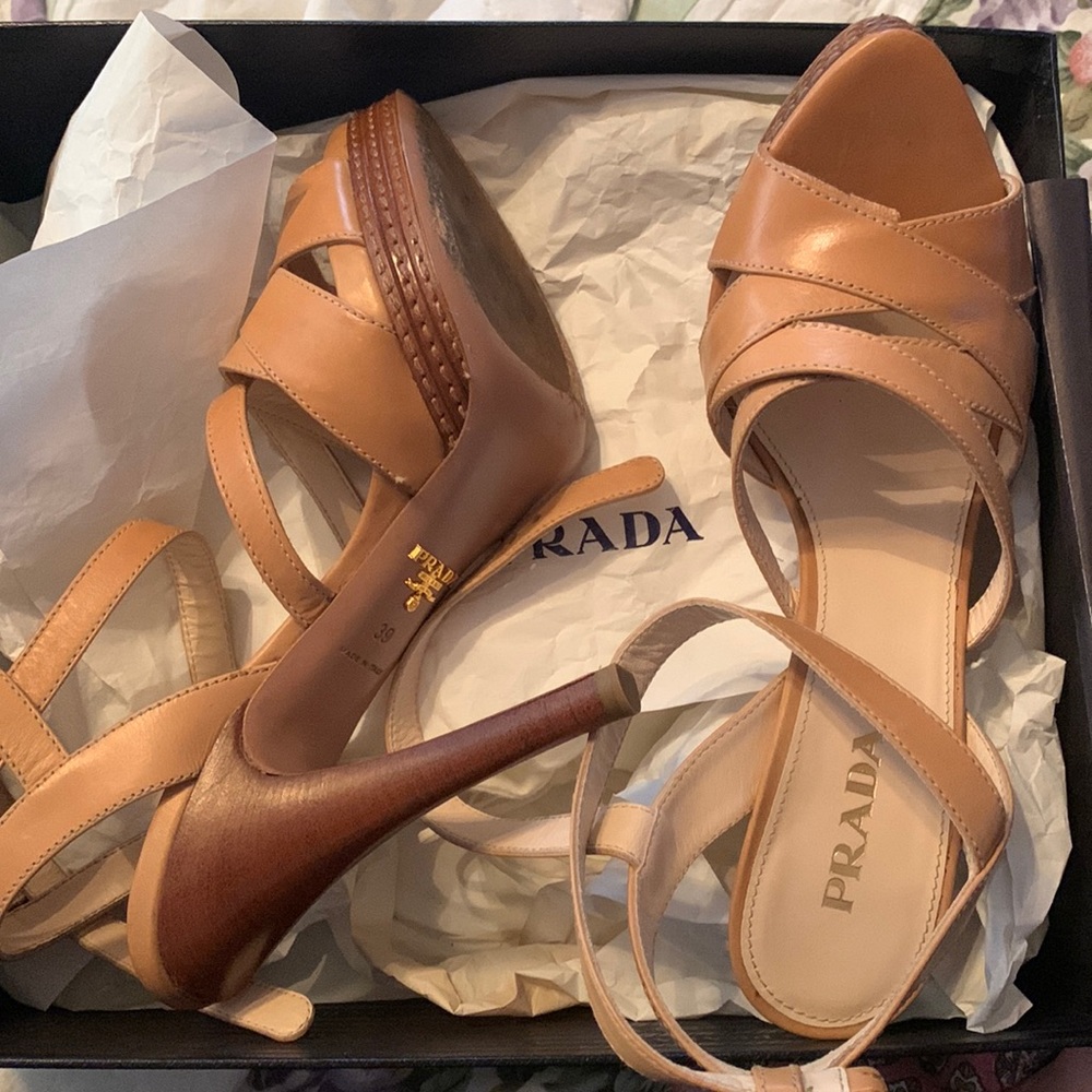 PRADA leather strappy sandal heel. Color: tan/nude “naturale.” Size 39 (US 9)